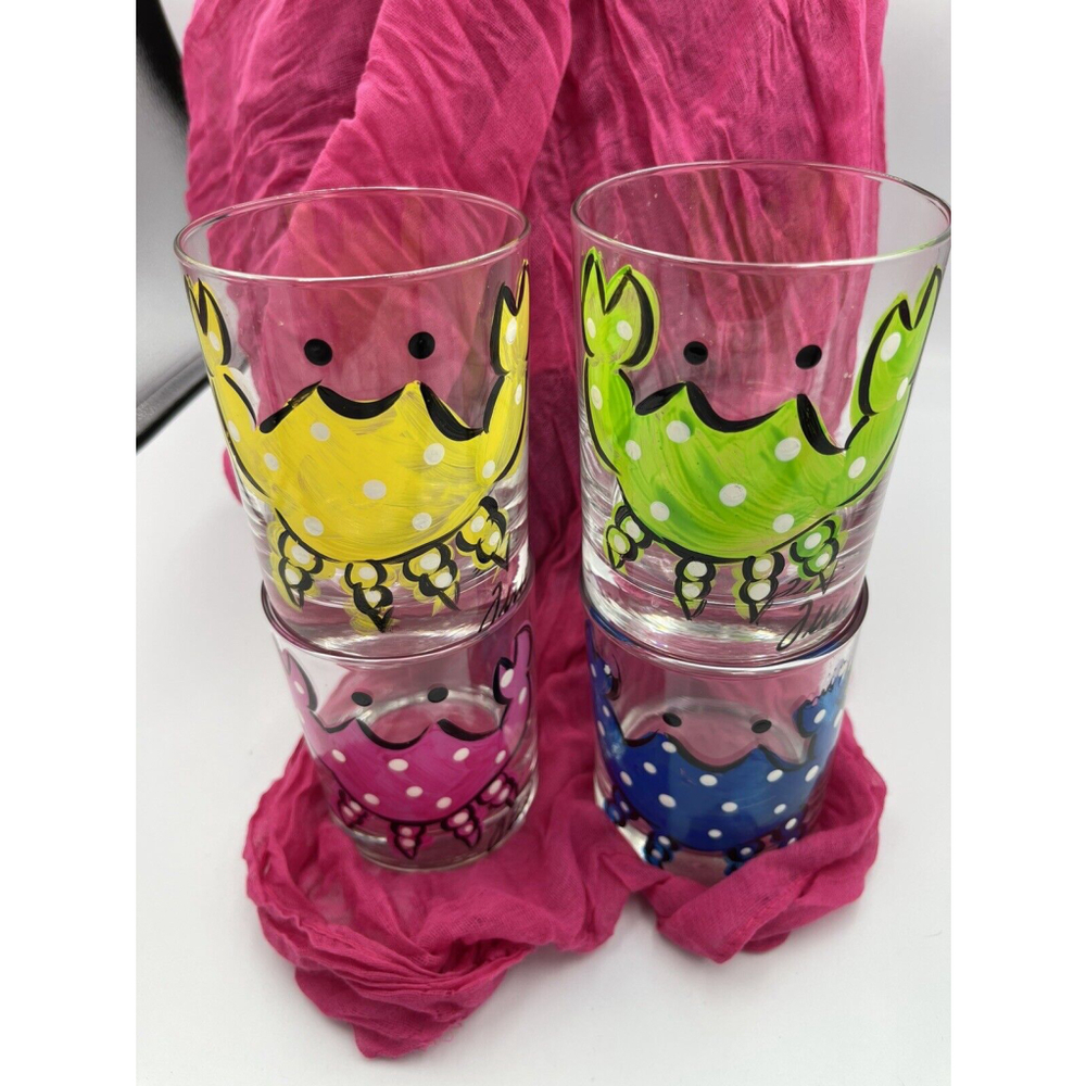 Hand Painted Crabs High Ball Glasses Set 4 Beach Bar Ware